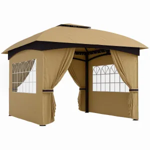 11' x 11' Double Roof Patio Gazebo with Curtains, Church Windows, Steel Frame, Beige