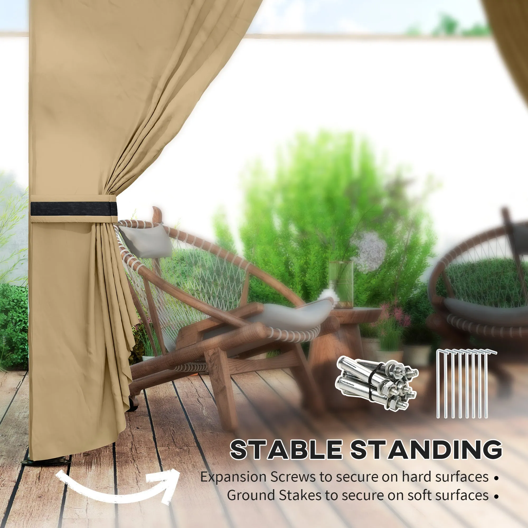 11' x 11' Double Roof Patio Gazebo with Curtains, Church Windows, Steel Frame, Beige
