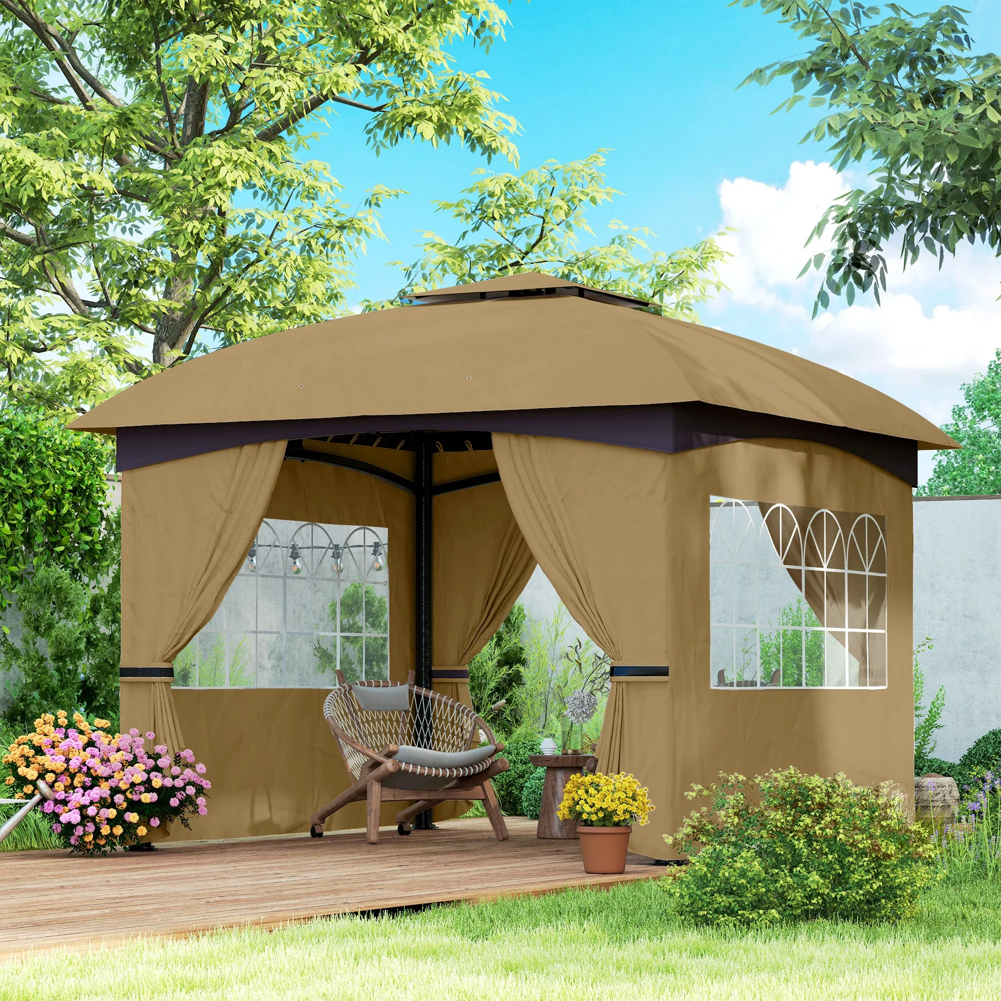 11' x 11' Double Roof Patio Gazebo with Curtains, Church Windows, Steel Frame, Beige