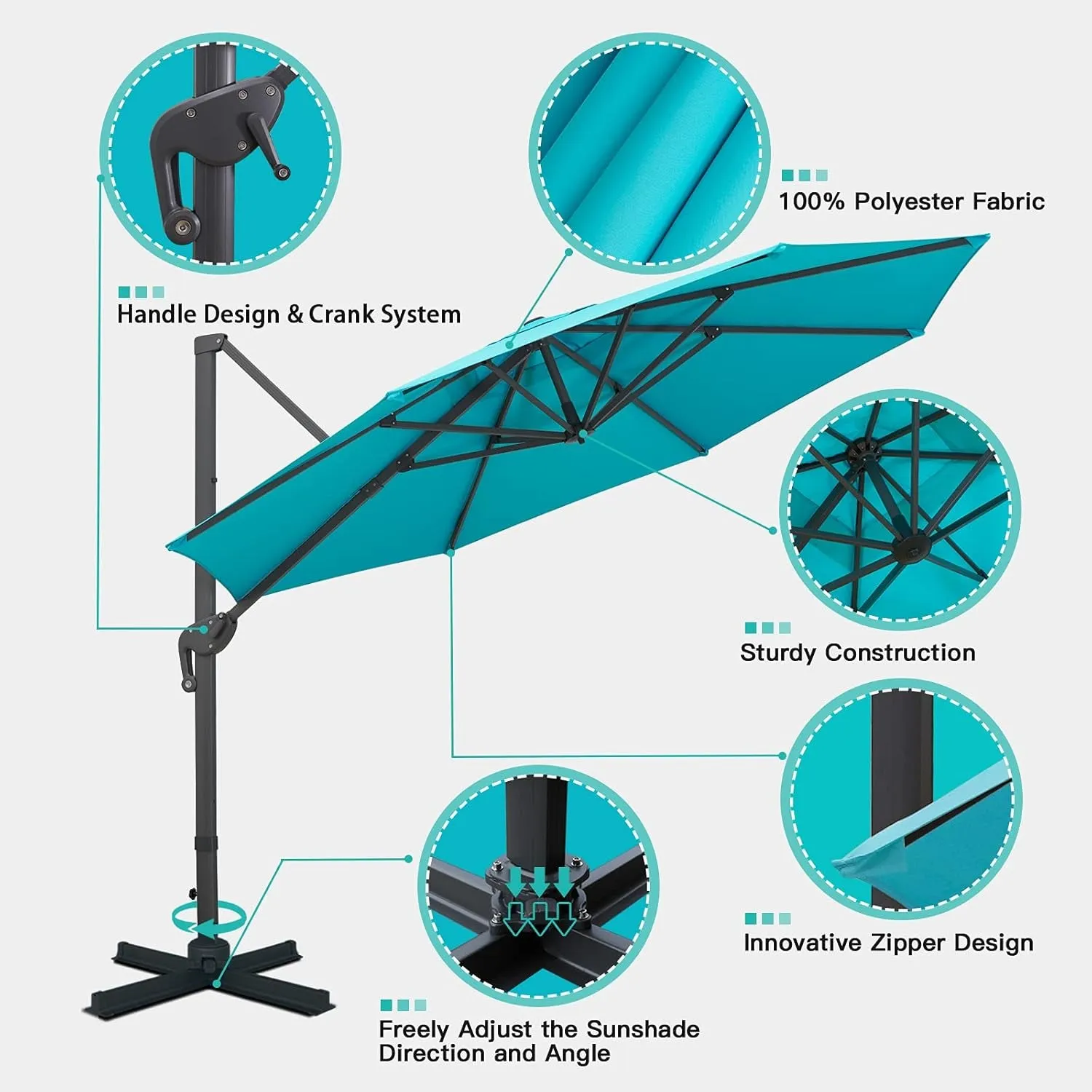 11FT Cantilever Patio Umbrella round Deluxe Offset Umbrella 360°Rotation & Integrated Tilting System Heavy Duty Patio Hanging Umbrella for Market Garden Deck Pool Backyard Patio (Blue)