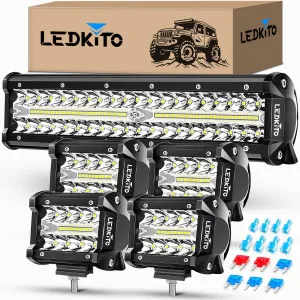 12 Inch LED Light Bar and 4PCS 4 Inch LED Pod Lights Off Road Driving Fog Lights Set Triple Row Spot Flood Combo Lights Bar Cube Light Pods for Je-ep Truck UTV ATV Golf Cart Boat