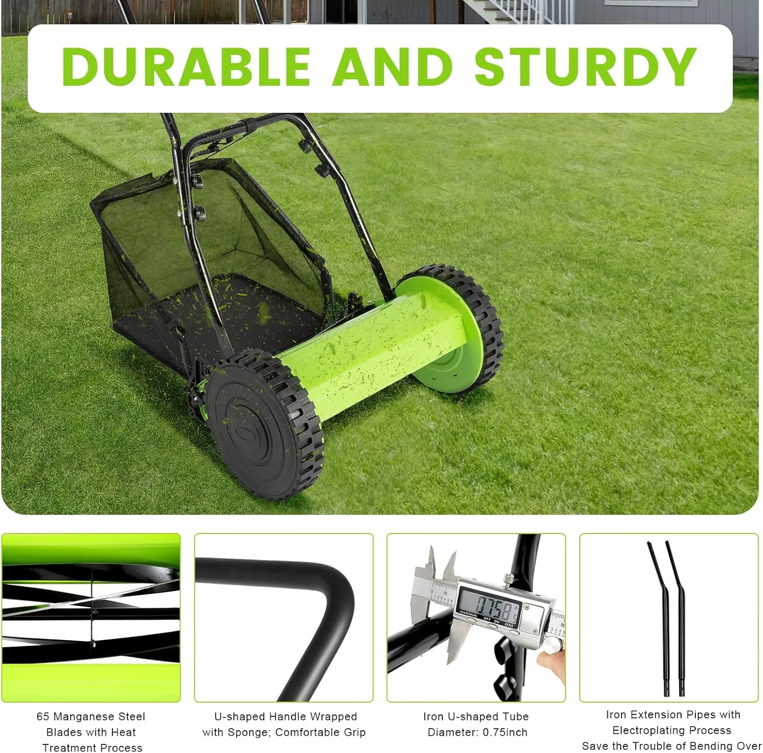 12 Inch Push Reel Lawn Mower, 5 Steel Blades Manual Leaf collecter with 6 Gallons Collection Bag, Motorless Lawn Mower for Picking Up Leaves, Grass, Driveways