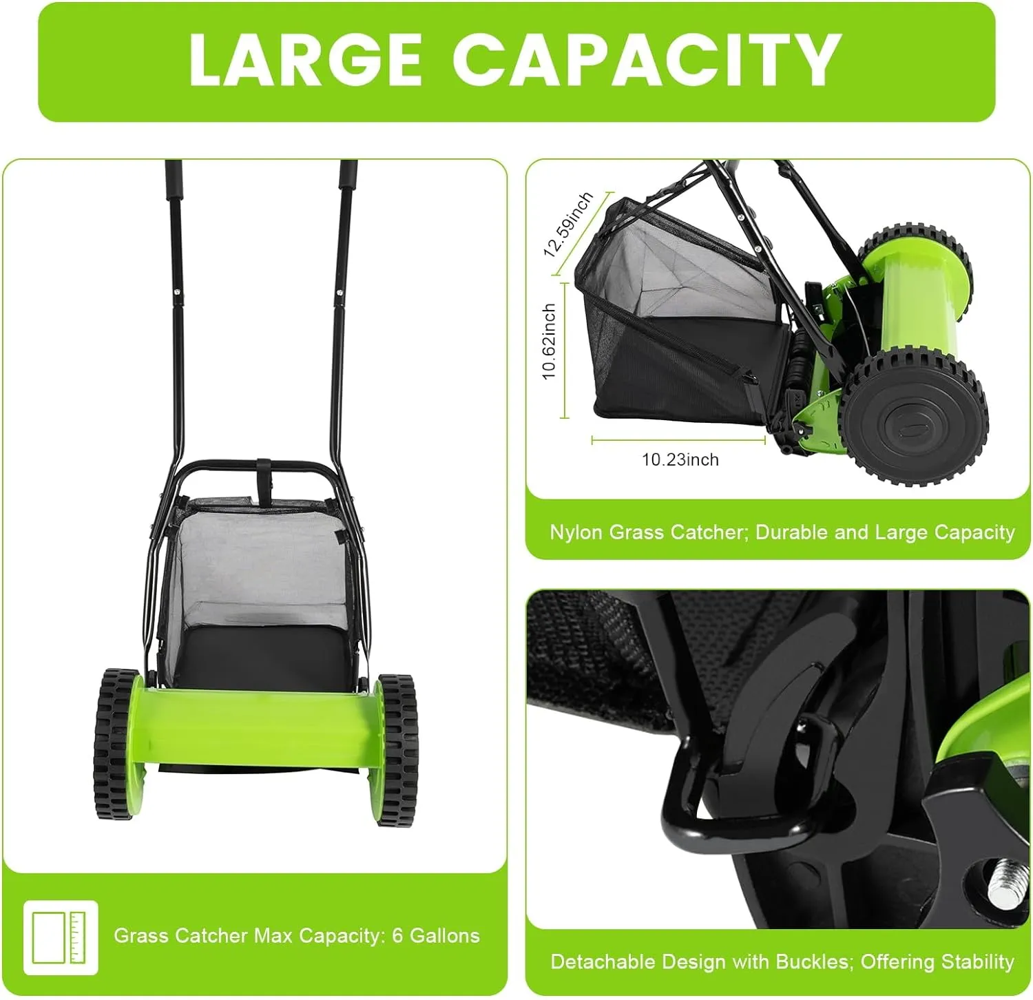 12 Inch Push Reel Lawn Mower, 5 Steel Blades Manual Leaf collecter with 6 Gallons Collection Bag, Motorless Lawn Mower for Picking Up Leaves, Grass, Driveways