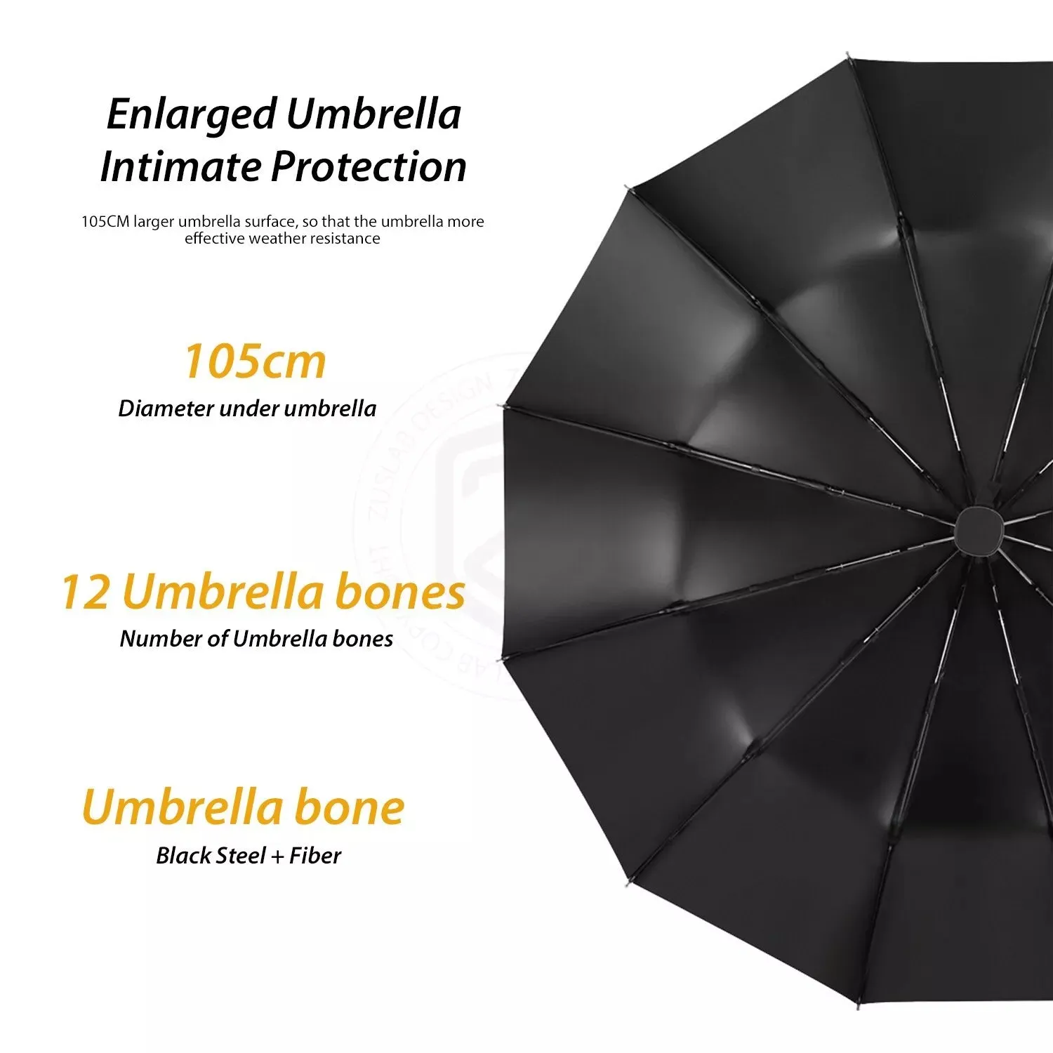 12 Ribs Anti-UV Windproof Folding Umbrella Automatic Open Close Black