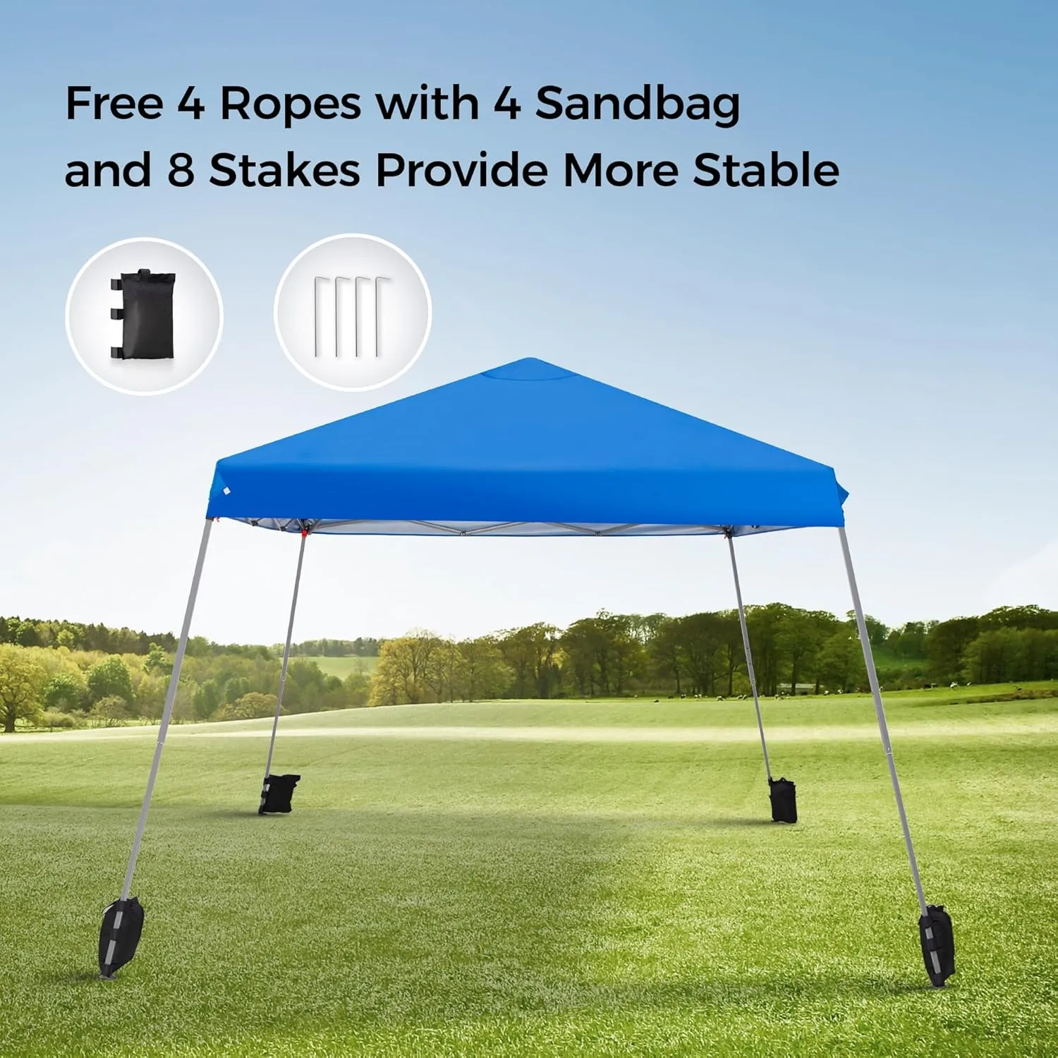 12x12 ft Pop Up Canopy Tent, Easy Up Instant Outdoor Canopy with Slant Legs, Wheeled Carry Bag, 4 Sandbags, 4 Ropes & 8 Stakes(12x12 Base 9x9 Top)- Blue