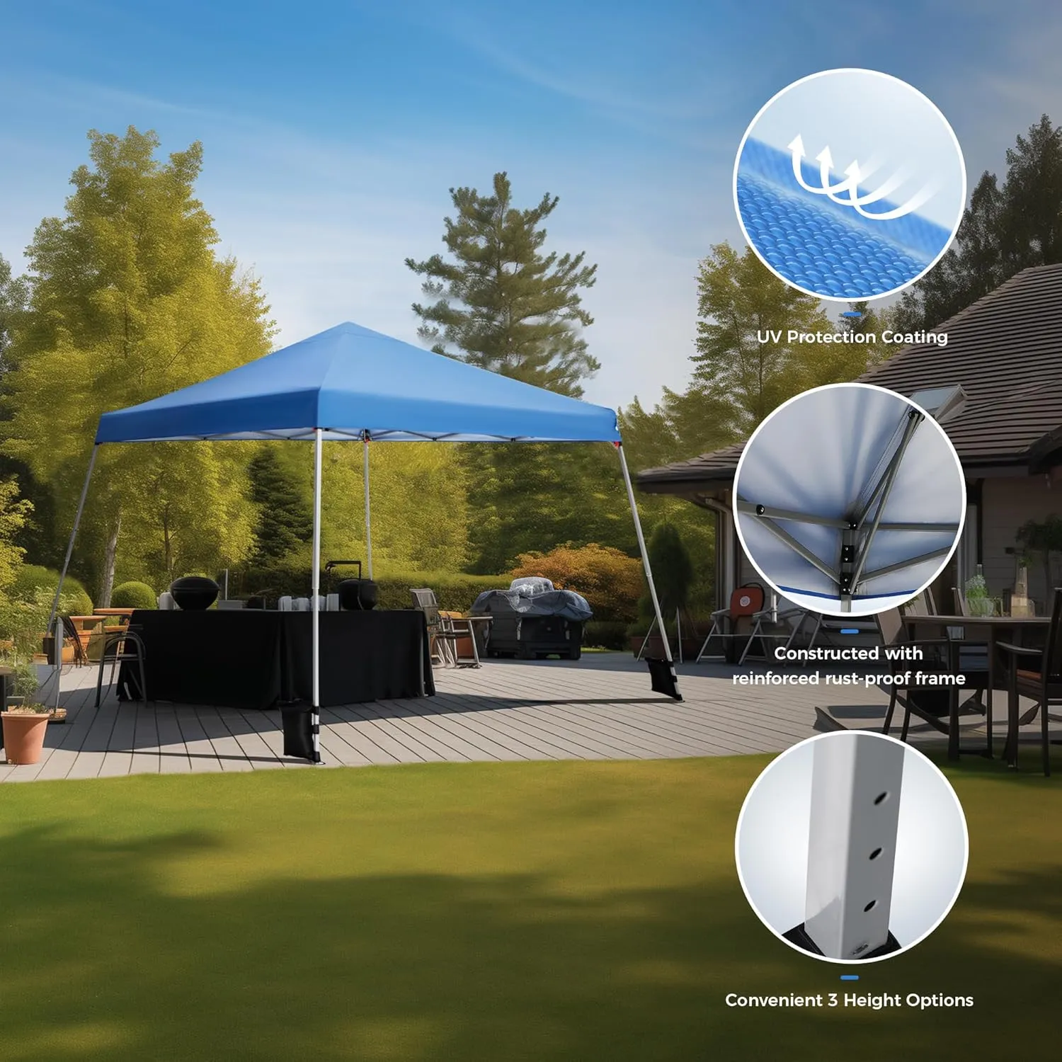 12x12 ft Pop Up Canopy Tent, Easy Up Instant Outdoor Canopy with Slant Legs, Wheeled Carry Bag, 4 Sandbags, 4 Ropes & 8 Stakes(12x12 Base 9x9 Top)- Blue