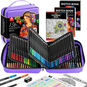 136 PCS Colored Pencils Set for Adult Coloring Books, 120 Colored Pencils with Sketchbook, Coloring Book, Sharpener, Soft Core Sketching Drawing Pencils, Art Supplies for Adults Artists (Purple)