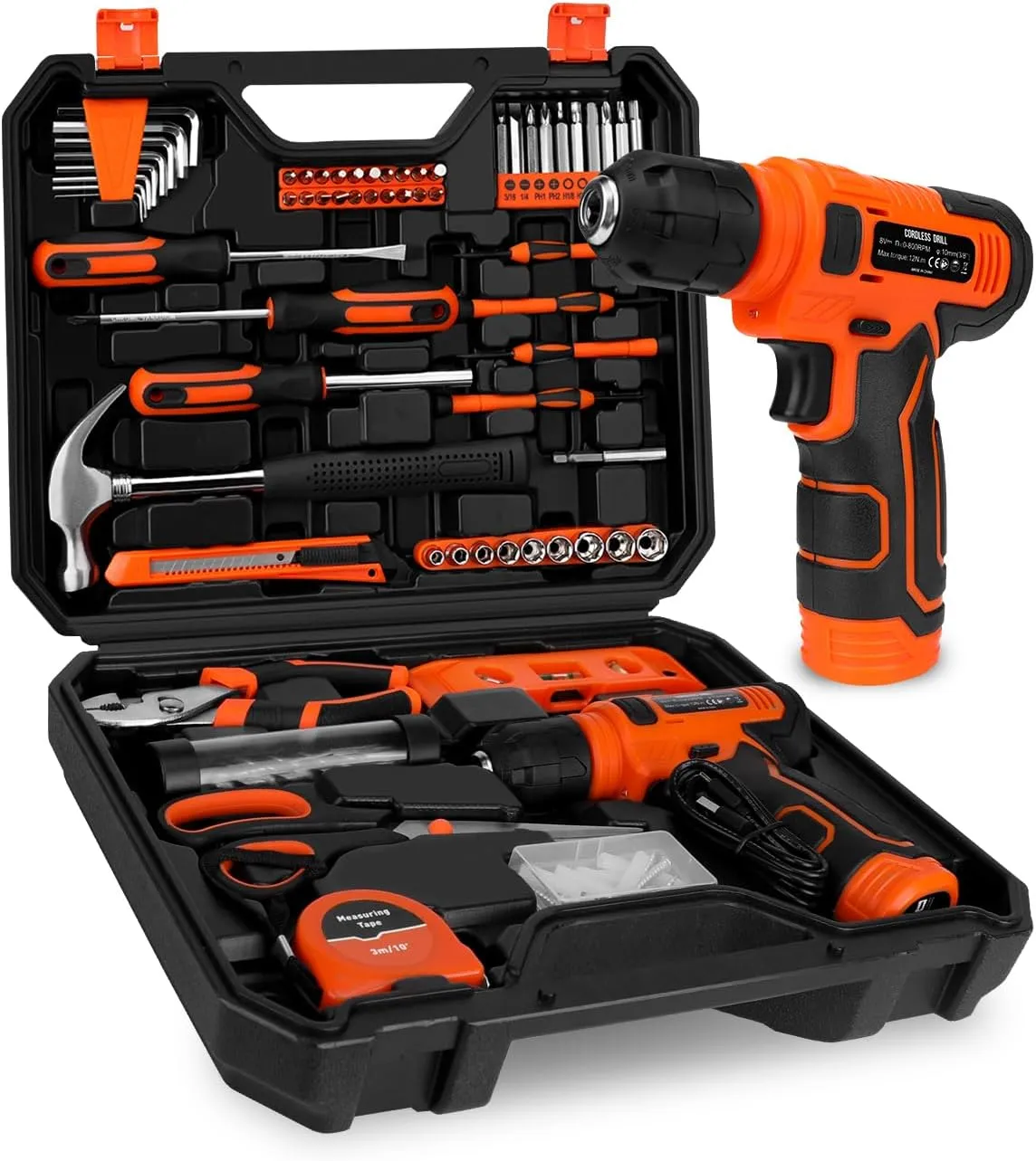 139-Piece Tool Set - Tool Kit with 8V Cordless Drill Driver in ToolBox Storage Case, General Household Drill Set for Home Repairs, Handyman, DIY Projects