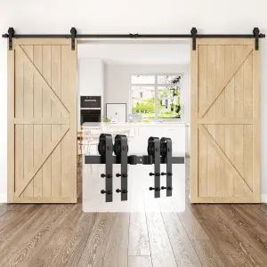 13ft Heavy Duty Sturdy Sliding Barn Door Hardware Kit Double Door - Smoothly and Quietly-Easy to Install - Fit 1 3/8-1 3/4 inch Thickness Door Panel(Black)(J Shape Hangers)