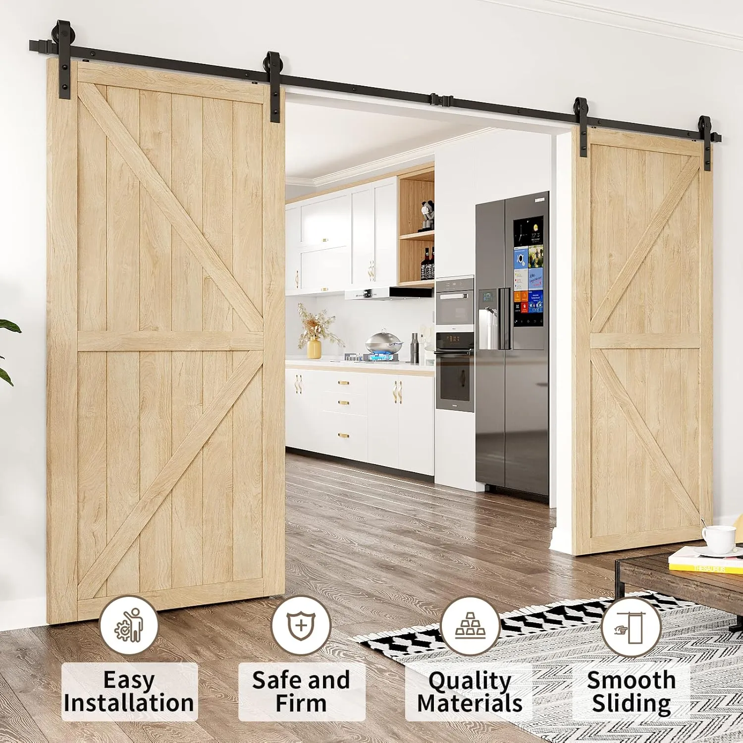 13ft Heavy Duty Sturdy Sliding Barn Door Hardware Kit Double Door - Smoothly and Quietly-Easy to Install - Fit 1 3/8-1 3/4 inch Thickness Door Panel(Black)(J Shape Hangers)