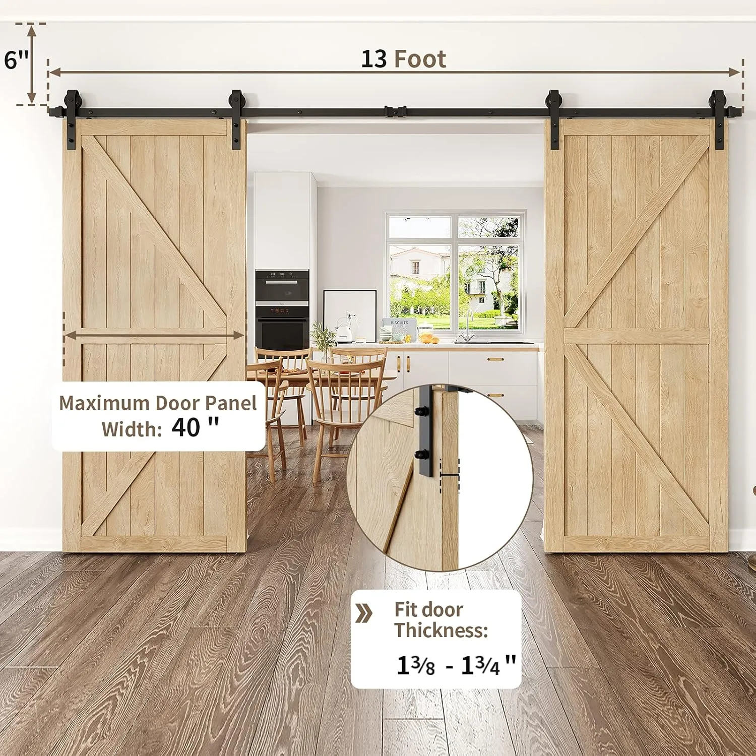 13ft Heavy Duty Sturdy Sliding Barn Door Hardware Kit Double Door - Smoothly and Quietly-Easy to Install - Fit 1 3/8-1 3/4 inch Thickness Door Panel(Black)(J Shape Hangers)