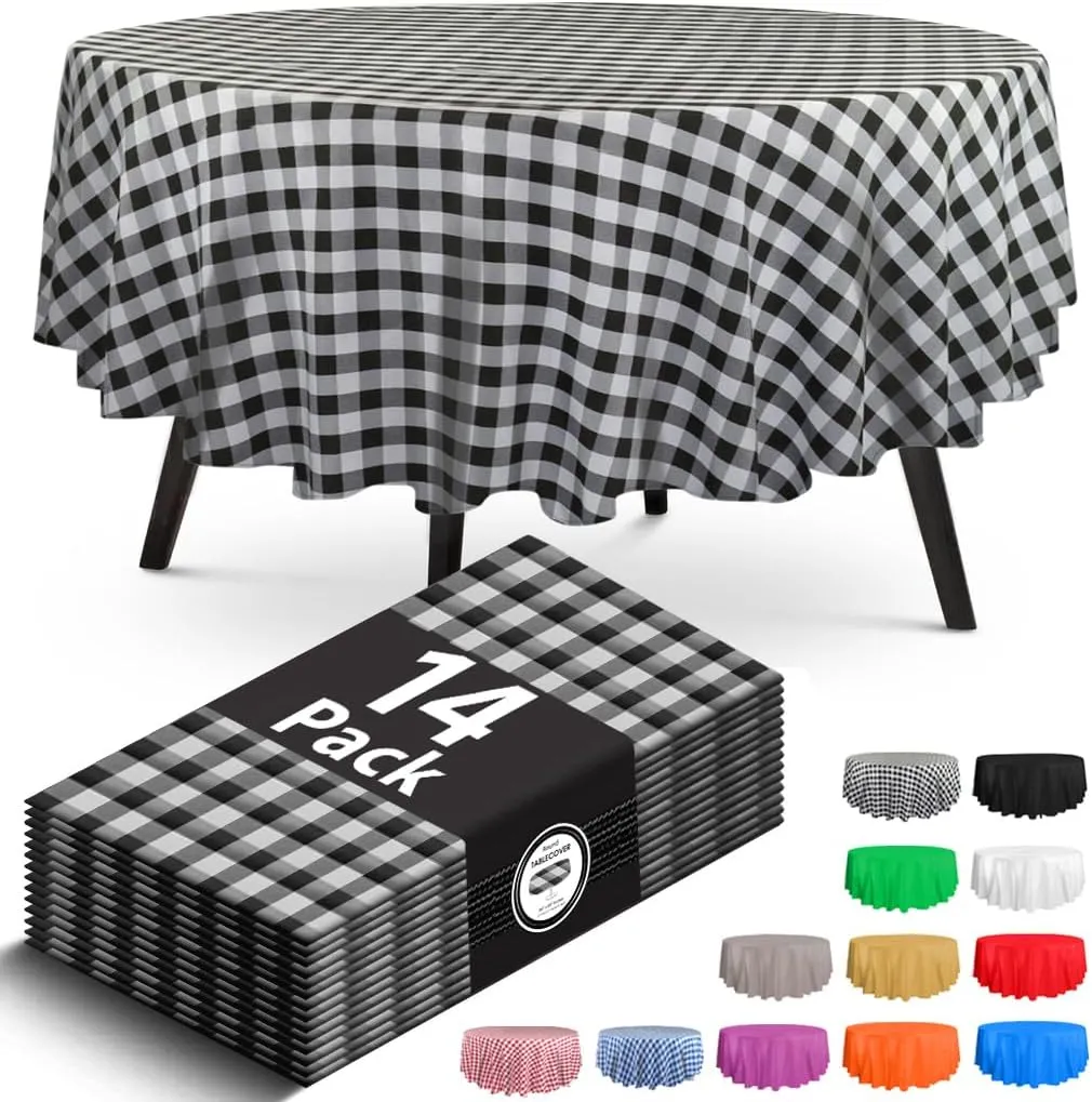 14 Pack Premium Round Checkered Black Plastic Tablecloth - 84 x 84 in. Disposable Round Plastic Table Cloth - Decorative Round Table Cover Smooth Table Cover - Disposable Table Cloths For Parties Use