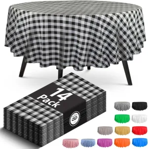 14 Pack Premium Round Checkered Black Plastic Tablecloth - 84 x 84 in. Disposable Round Plastic Table Cloth - Decorative Round Table Cover Smooth Table Cover - Disposable Table Cloths For Parties Use