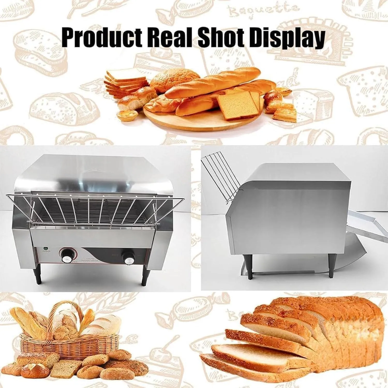 150 300 450 Slices/Hour Commercial Conveyor Toaster, Stainless Steel Bread Baking Machine, Double-Sided Baking 7 Speed Adjustable Toasters Oven, for Toast Croissants Bun Bagel Bread,150pieces/H