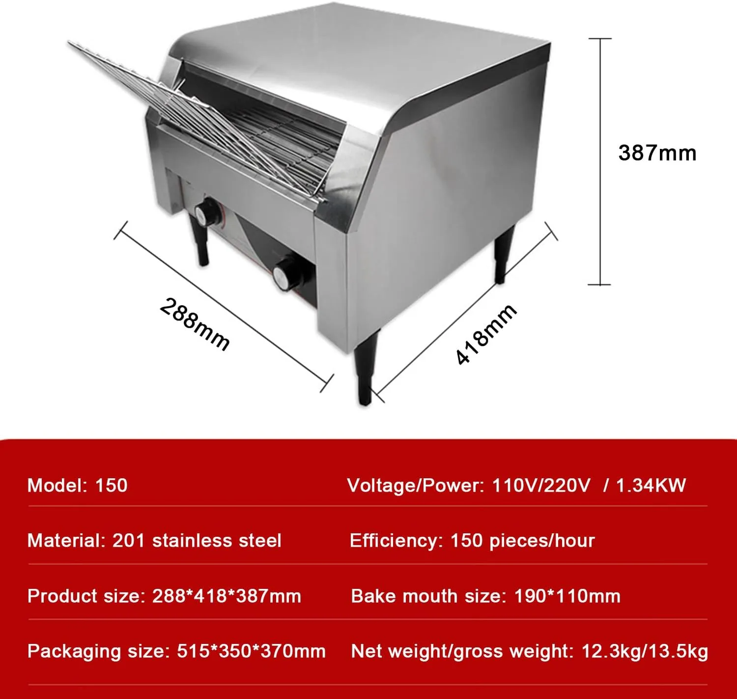 150 300 450 Slices/Hour Commercial Conveyor Toaster, Stainless Steel Bread Baking Machine, Double-Sided Baking 7 Speed Adjustable Toasters Oven, for Toast Croissants Bun Bagel Bread,150pieces/H