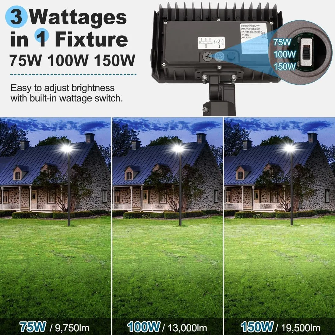 150W LED Flood Light with Dusk-to-Dawn Photocell, 130lm/W 5000K Daylight 100-277V IP65 Waterproof, 150W-100W-75W Adjustable, LED Parking Lot Light with Slip Fitter Mount, ETL