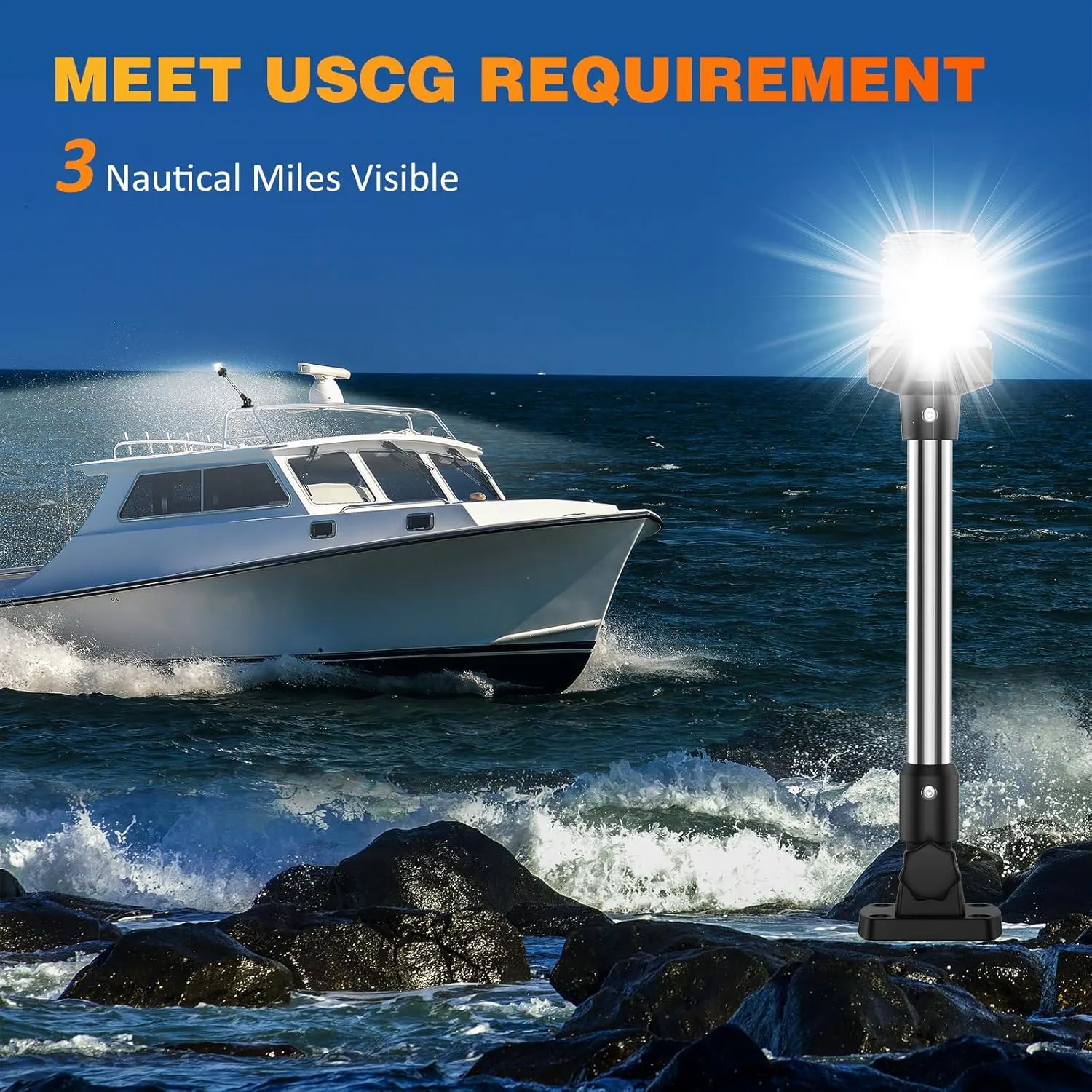 18 Inches Anchor Light Stern Lights for Boats LED Waterproof IP67, White Fold Down Rear Boat Navigation Lights, 3NM Visible Boat Running Light LED Marine for Pontoon, Bass Boats (12-24V)