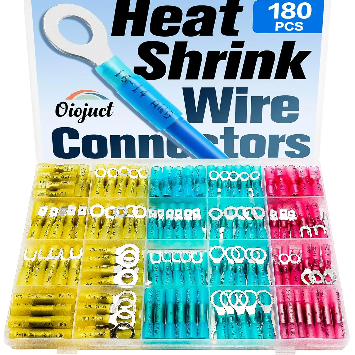 180Pcs Heat Shrink Wire Connectors Kit - Waterproof Marine Automotive Battery Electrical Crimp Terminals Set, Ring Fork Spade Butt Splices