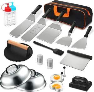 19PCS Griddle Accessories Kit, Stainless Steel Flat Top Grill Accessories Set for Blackstone and Camp Chef, Grill Spatula Set with Enlarged Spatulas, Basting Cover, Scraper for Outdoor Barbecue