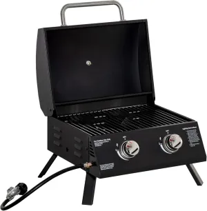 2 Burner Propane Gas Grill Outdoor Portable Tabletop BBQ with Foldable Legs, Lid, Thermometer for Camping, Picnic, Backyard, Black