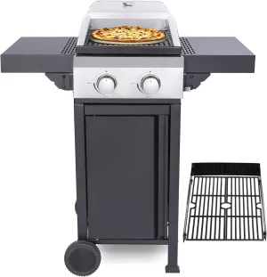 2 Burner Propane Gas Grill with Pizza Box & Wire Enamel Cooking Grids, 24,600 BTU Gas Grill with Top Cover, Foldable Side Tables, Stainless Steel Outdoor Barbecue with Wheels for Patio, Garden