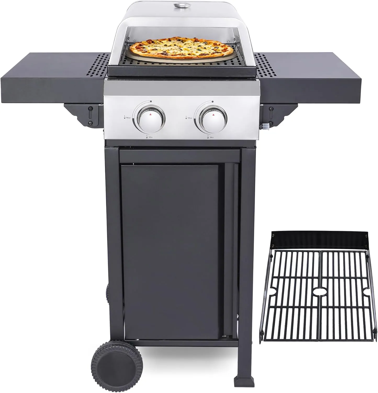 2 Burner Propane Gas Grill with Pizza Box & Wire Enamel Cooking Grids, 24,600 BTU Gas Grill with Top Cover, Foldable Side Tables, Stainless Steel Outdoor Barbecue with Wheels for Patio, Garden