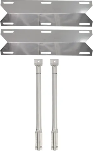 2-Pack BBQ Gas Grill Tube Burner & Heat Shield Plate Tent Replacement Parts for Charmglow 720-0396 - Compatible Barbeque Stainless Steel Pipe Burners & Flame Tamer, Guard, Deflector, Flavorizer Bar