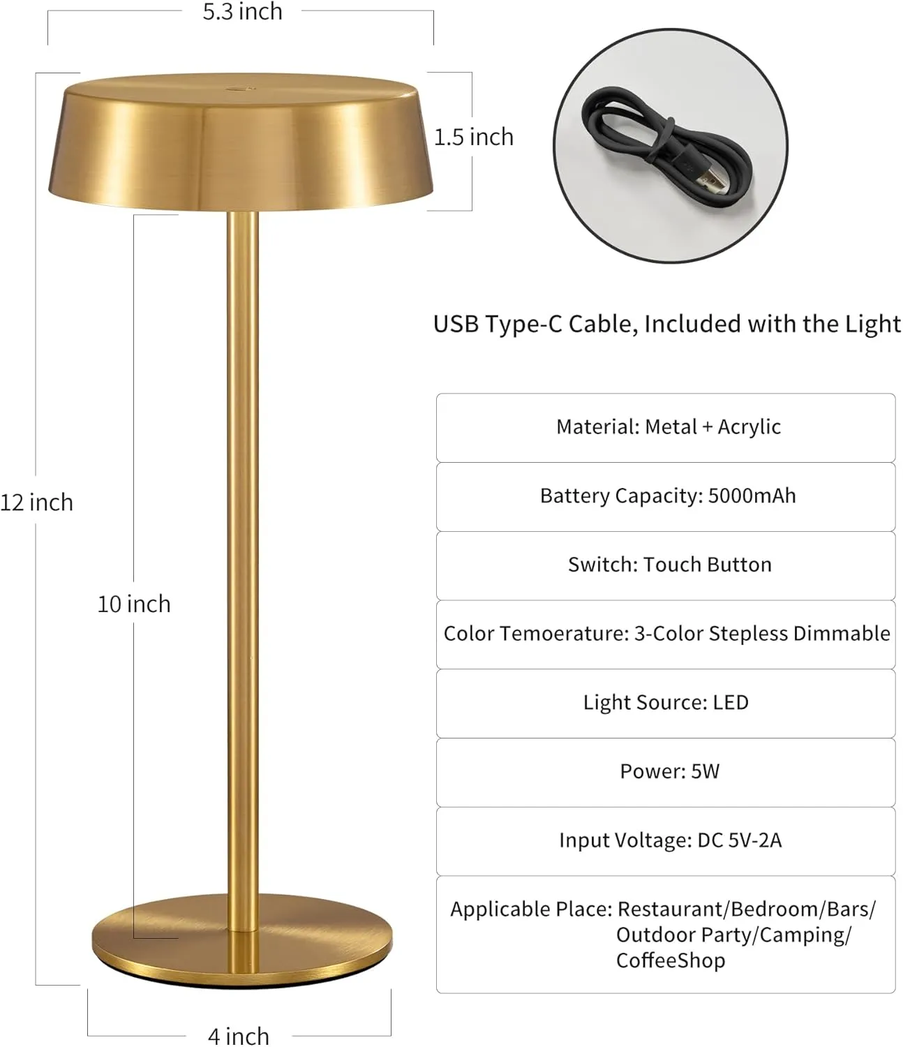 2 Pack Cordless Table Lamps, Rechargeable Lamp with 5000mAh Battery Operated, Touch Lamps, Portable Indoor/Outdoor Lamp for Kitchen Living Room Bedroom, Waterproof (Gold)