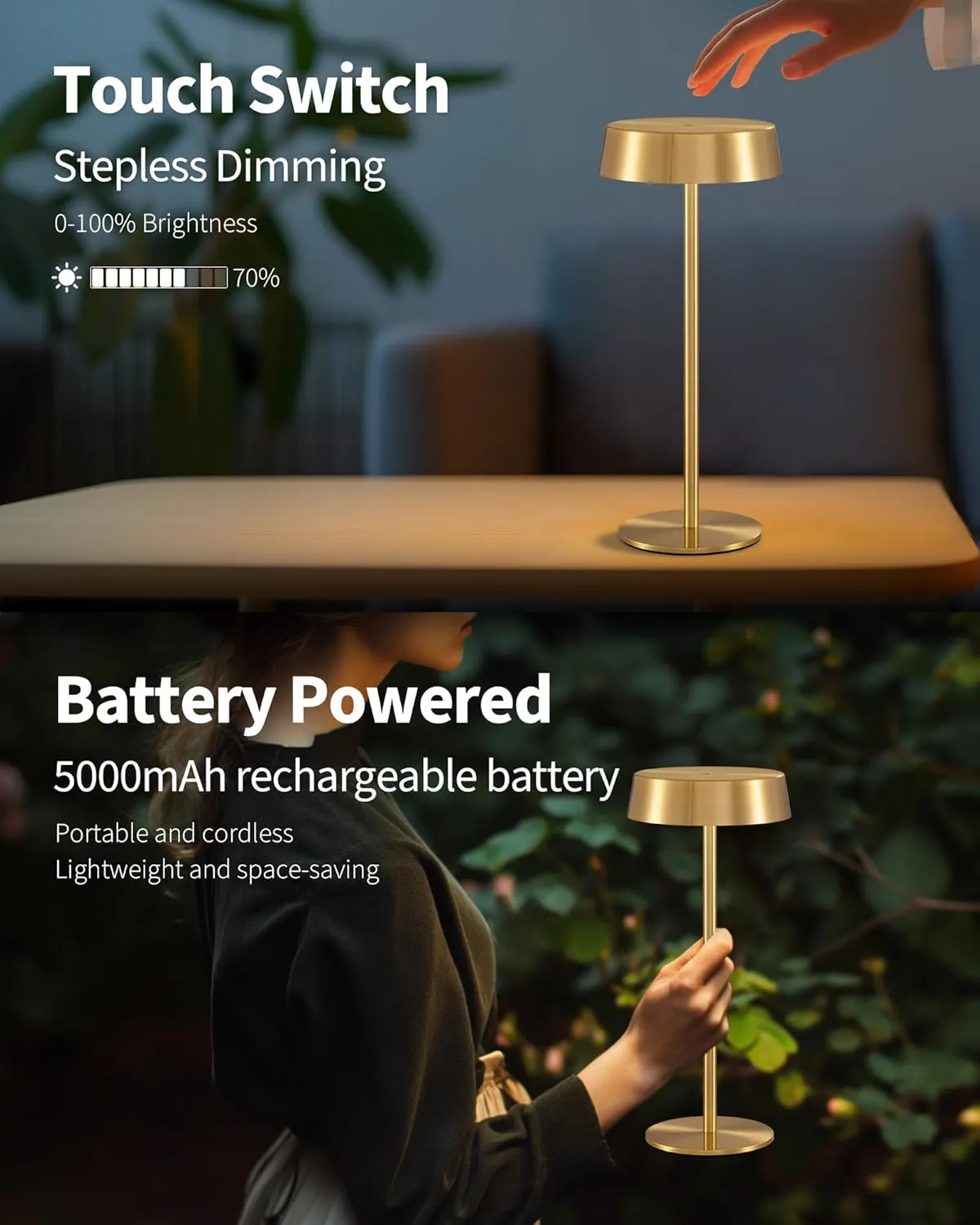 2 Pack Cordless Table Lamps, Rechargeable Lamp with 5000mAh Battery Operated, Touch Lamps, Portable Indoor/Outdoor Lamp for Kitchen Living Room Bedroom, Waterproof (Gold)