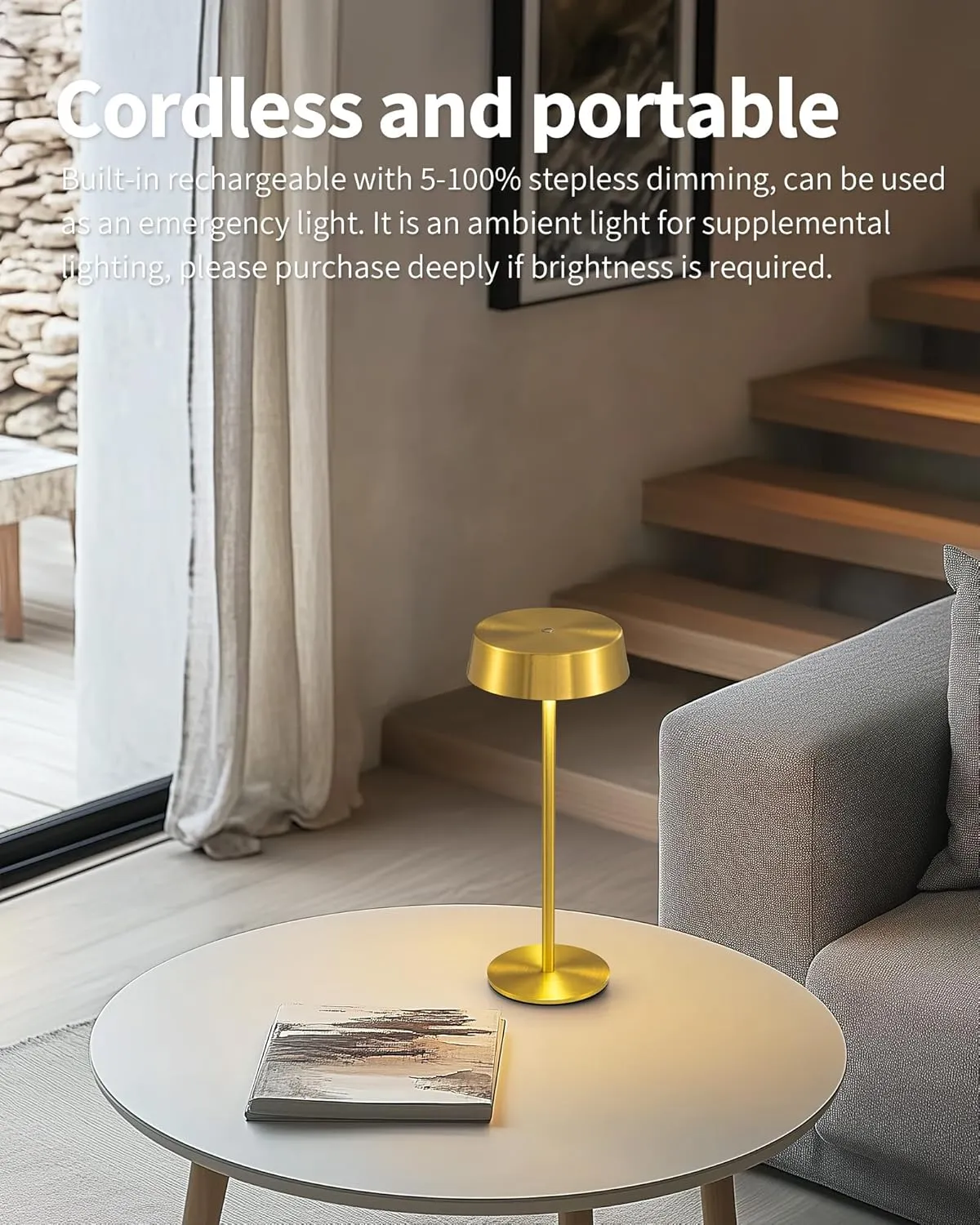 2 Pack Cordless Table Lamps, Rechargeable Lamp with 5000mAh Battery Operated, Touch Lamps, Portable Indoor/Outdoor Lamp for Kitchen Living Room Bedroom, Waterproof (Gold)