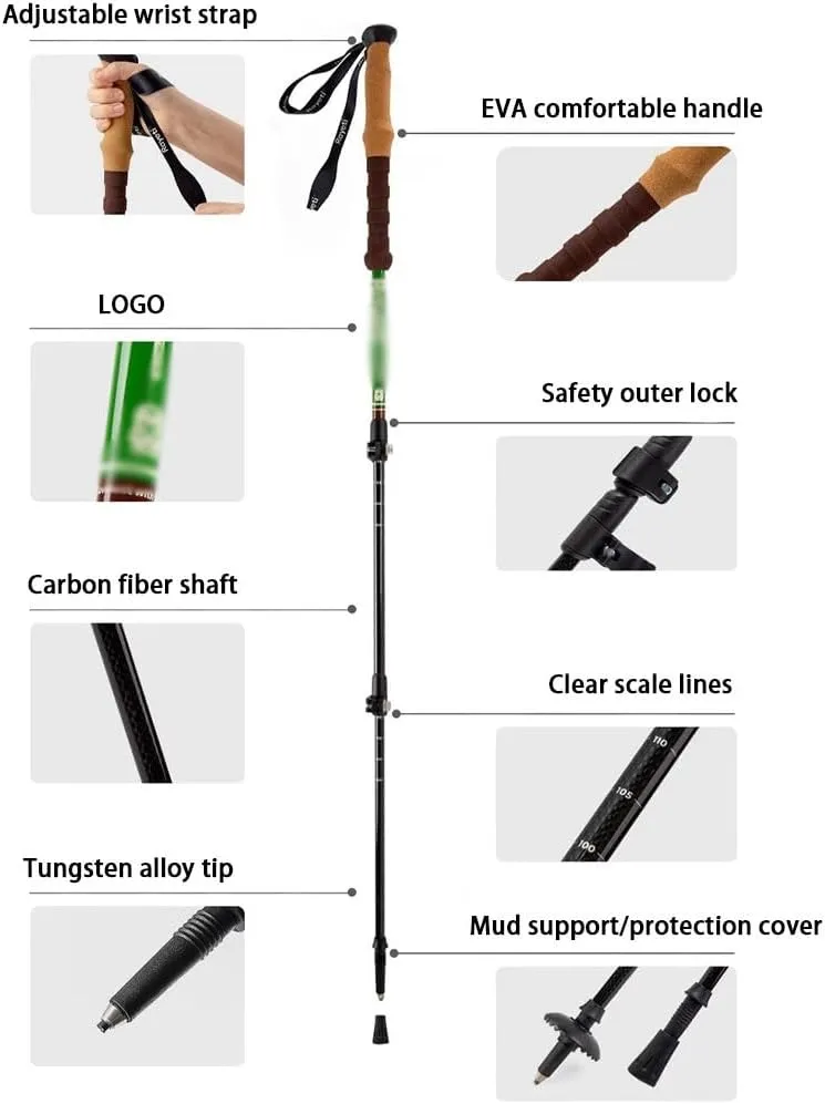 2-Pack Summer Trekking Poles, Retractable Walking Stick with Cork Grip, Non-Slip, Carbon Fiber   Aluminum Alloy, for Climbing, Traveling