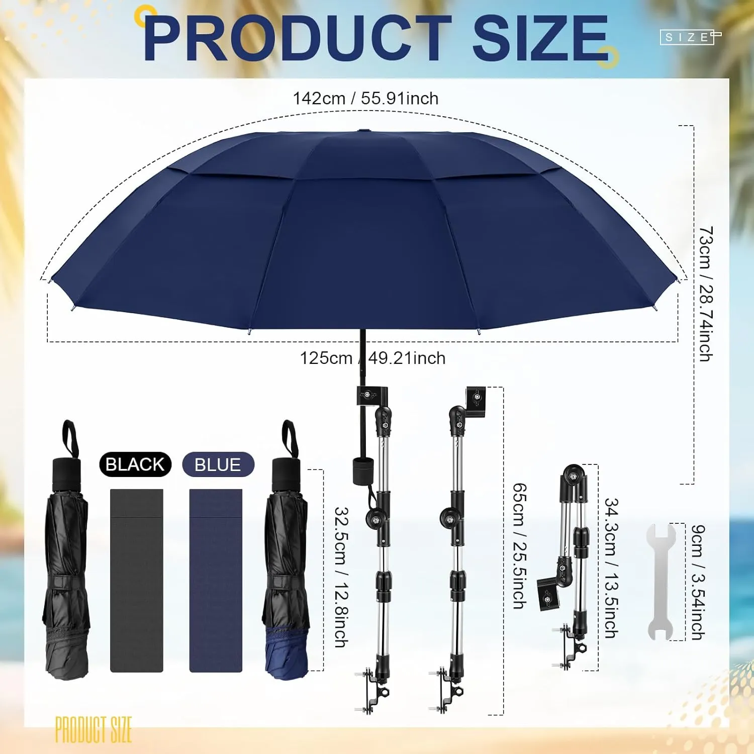 2 Pcs Large Double Canopy Beach Umbrella with Adjustable Clamp Inverted Golf Portable Compact Sun Umbrella for Chair Stroller Golf Cart Patio Fishing
