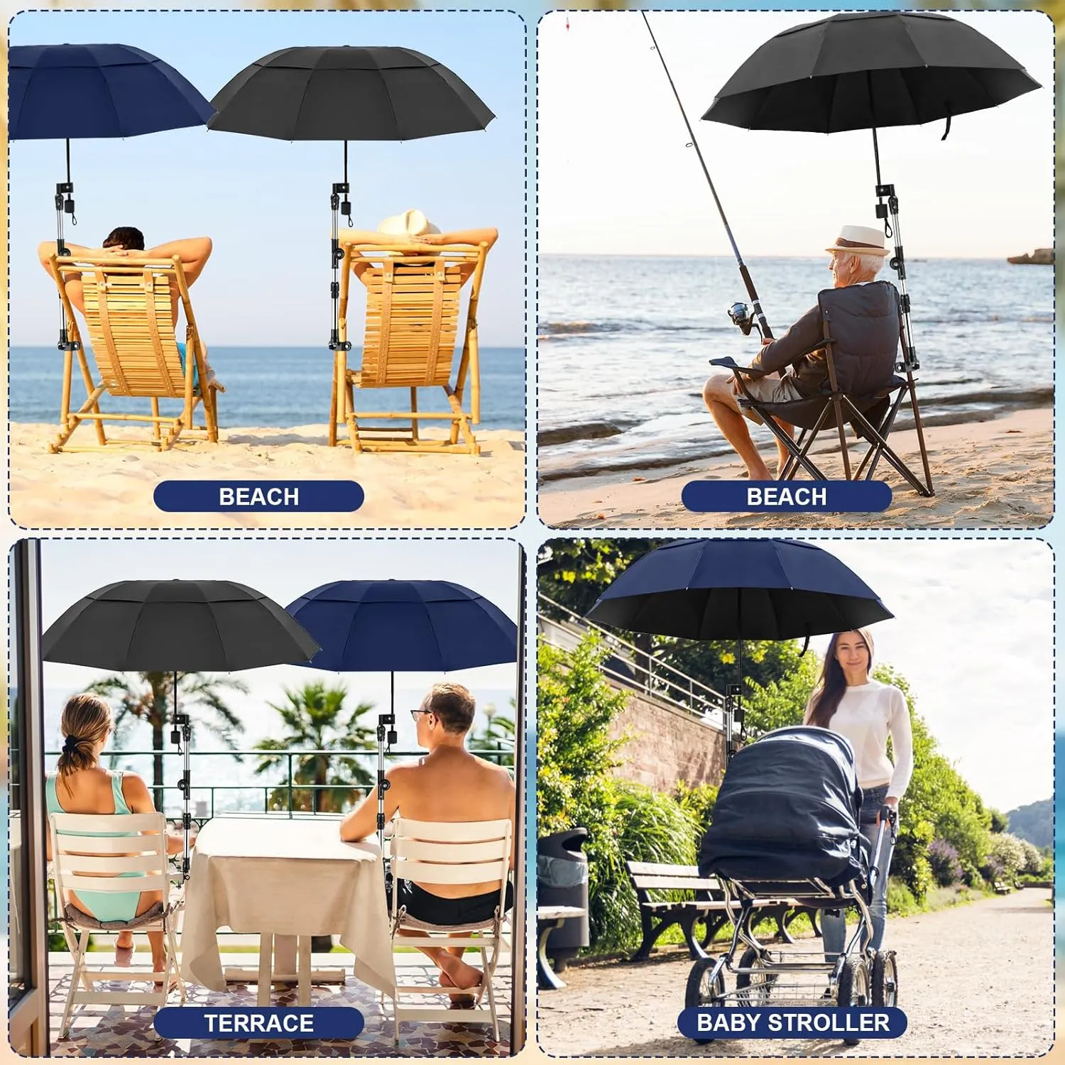 2 Pcs Large Double Canopy Beach Umbrella with Adjustable Clamp Inverted Golf Portable Compact Sun Umbrella for Chair Stroller Golf Cart Patio Fishing