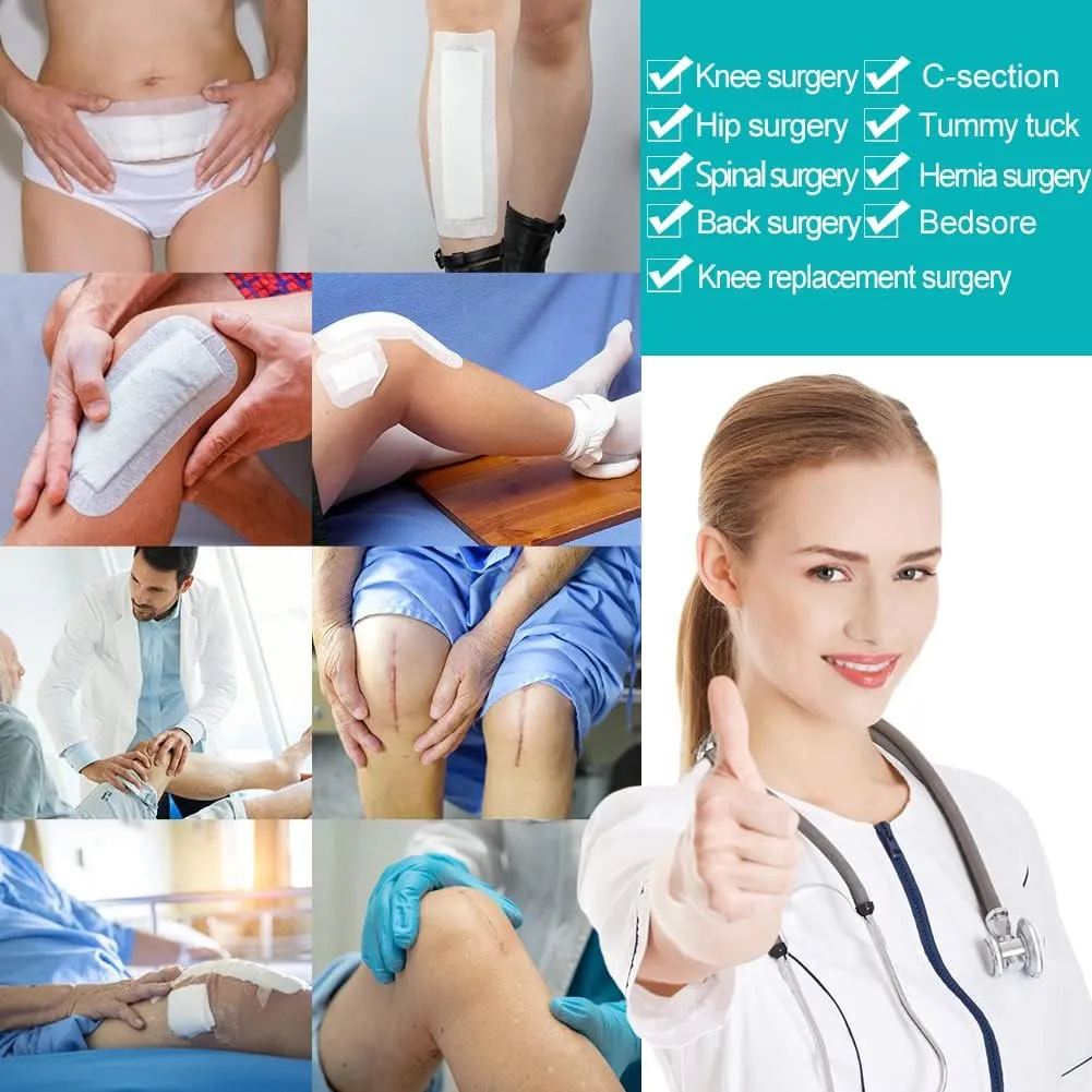 20 Pcs Waterproof Knee Replacement Dressing | 4x10 Inch Long Post-Surgery Gauze Bandage with Adhesive Border   Non-Stick Central Pad, Hip Wound Incision Recovery