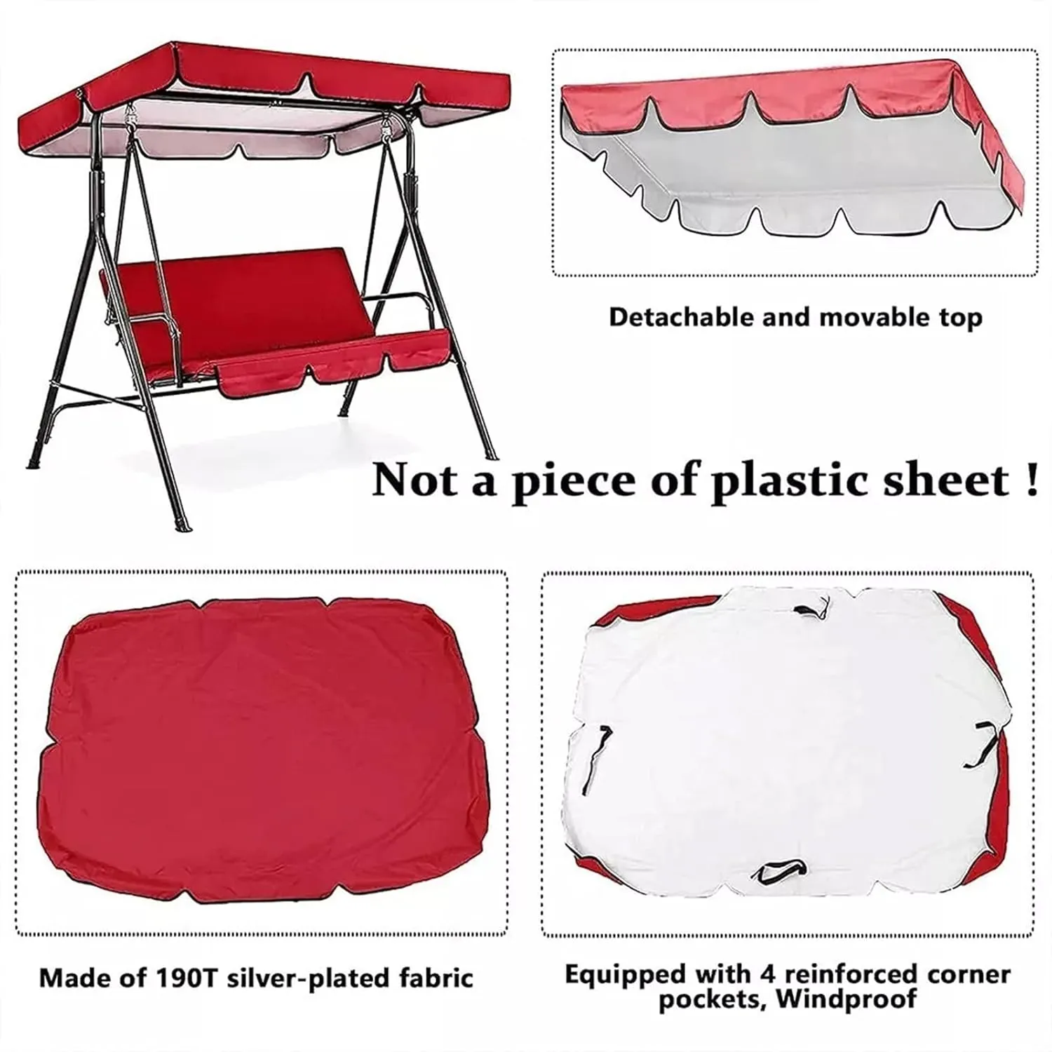 2024 New Swing Chair Canopy Replacement, Outdoor Patio Swing Replacement top 2 and 3 Seater Waterproof Windproof Anti-UV, Heavy Duty Rip Proof Hammock Top Outdoor Swing Covers (Red, 65x45x6inch)