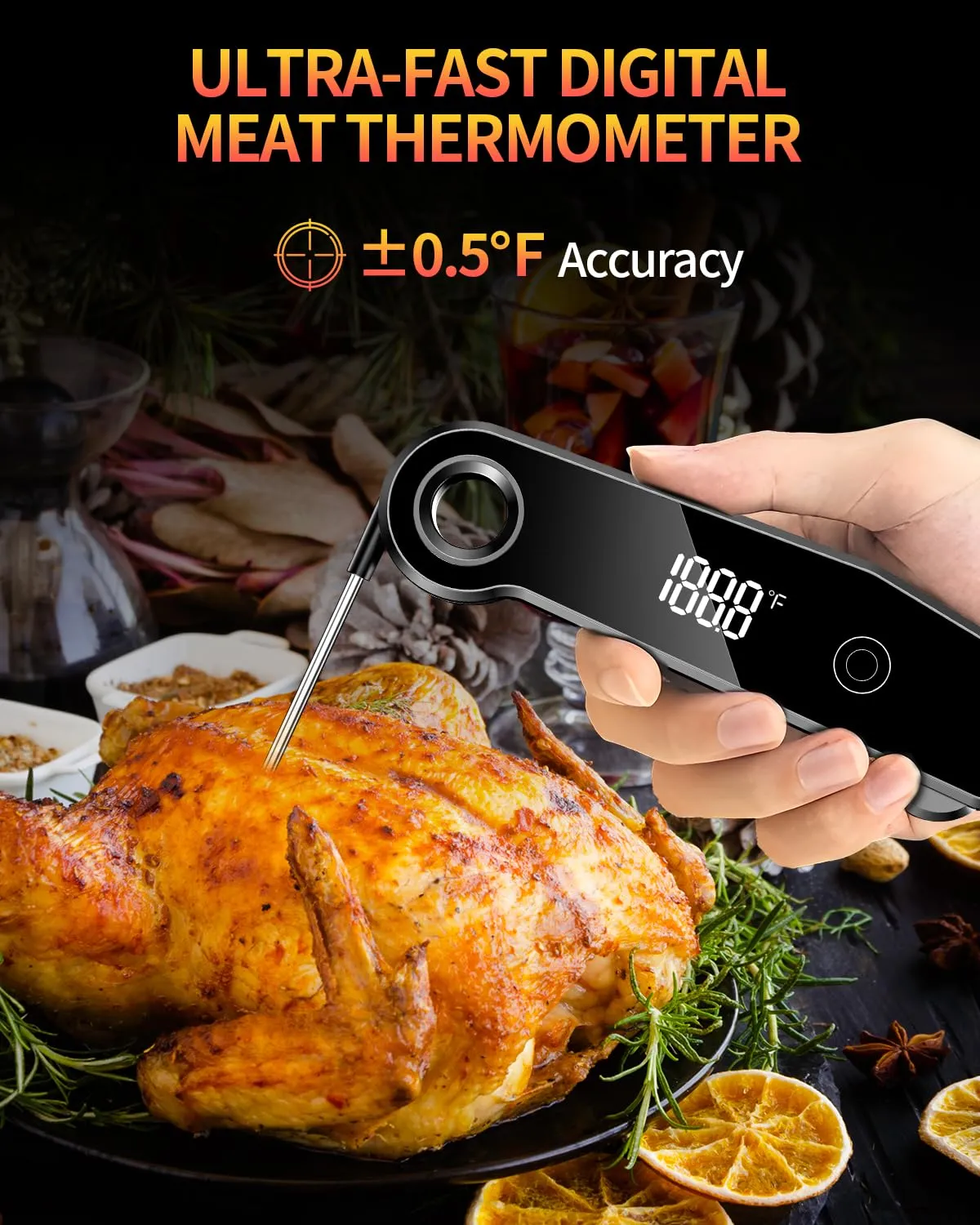 2025 Upgrade Meat Thermometer Digital for Cooking, 0.5s Instant Read Food Thermometer, ±0.5 ℉ Accuracy Kitchen Thermometer, Large LED Display, IP67 Waterproof for Grill, BBQ, Oven, Brewing, Baking