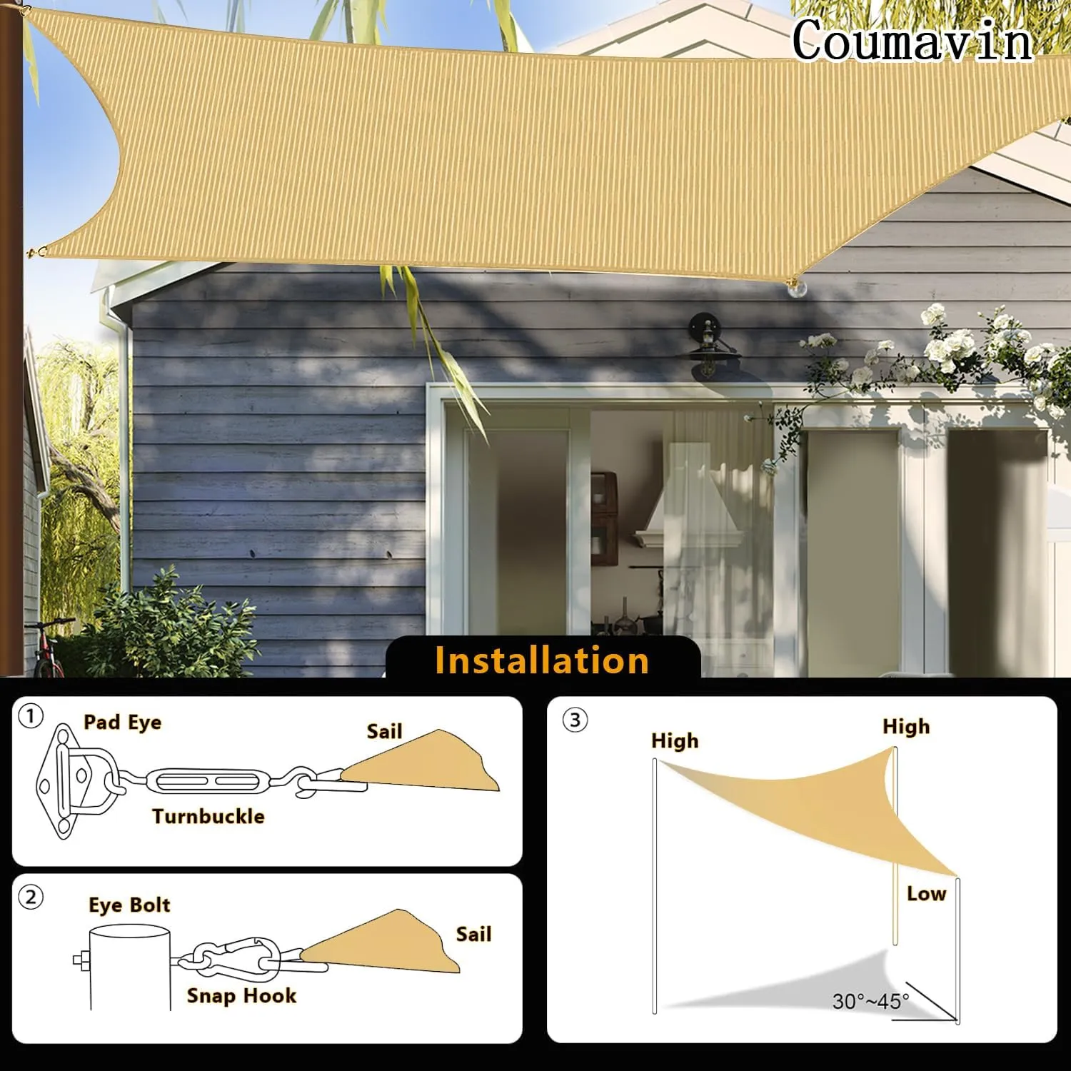 20'x20'x20' Sun Shade Sail Triangle Outdoor UV Block Canopy Sunshade Cover for Backyard Porch Pergola Deck Garden Patio, Sand
