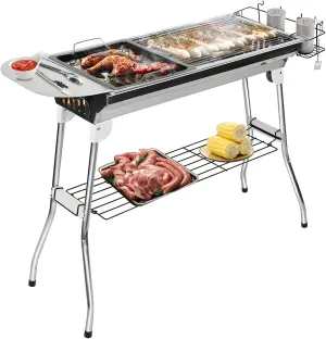 25.79” Foldable Stainless Steel Charcoal Grill, Portable BBQ with Non-Stick Pan, Air Vents & 253LBS Capacity for Camping, Backyard, Picnics (Feeds 8 People)