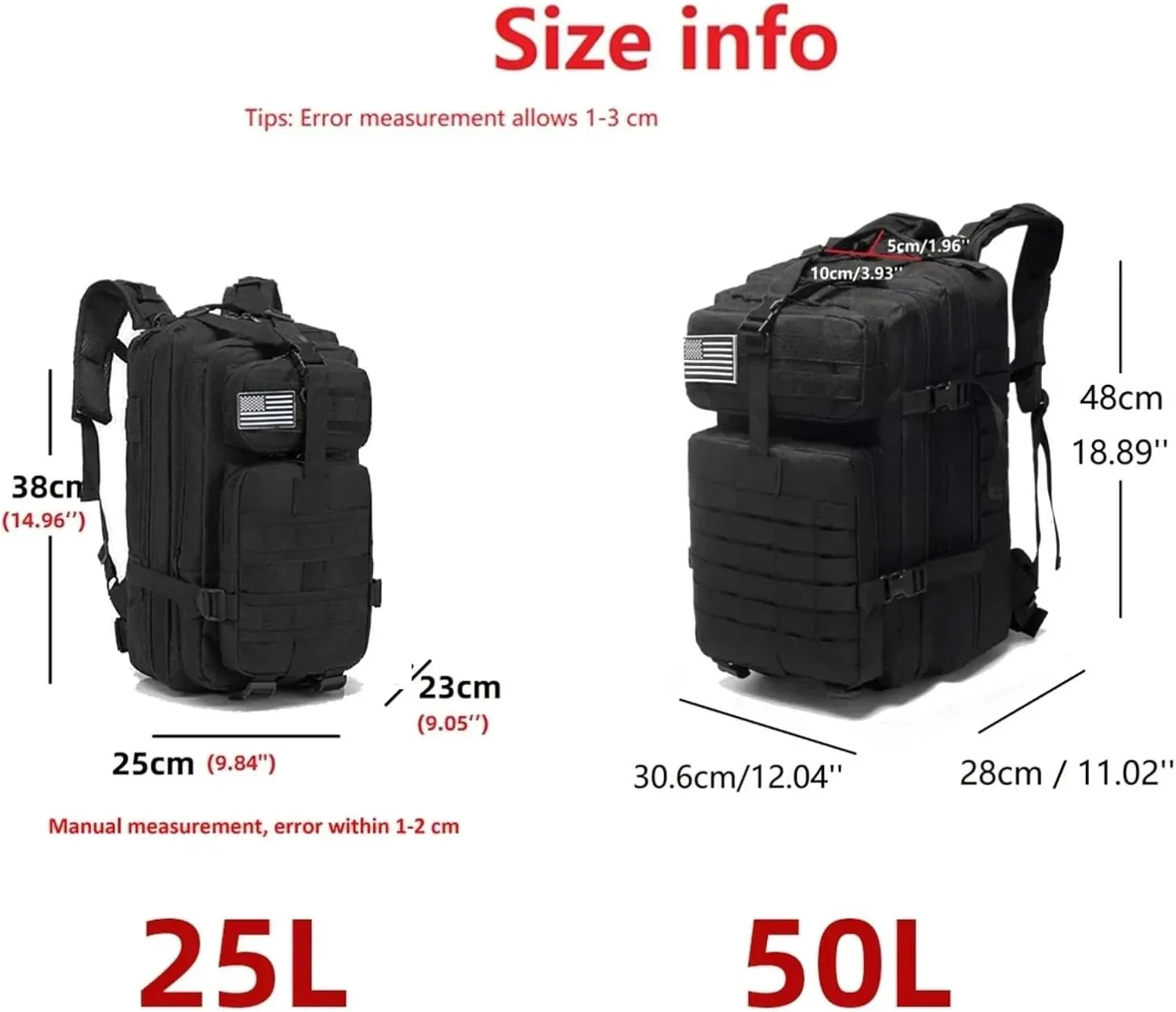 25L 50L Water-Resistant Nylon Backpack Outdoor Camping Hiking Trekking Durable Daypack Molle System (25L (ACU))