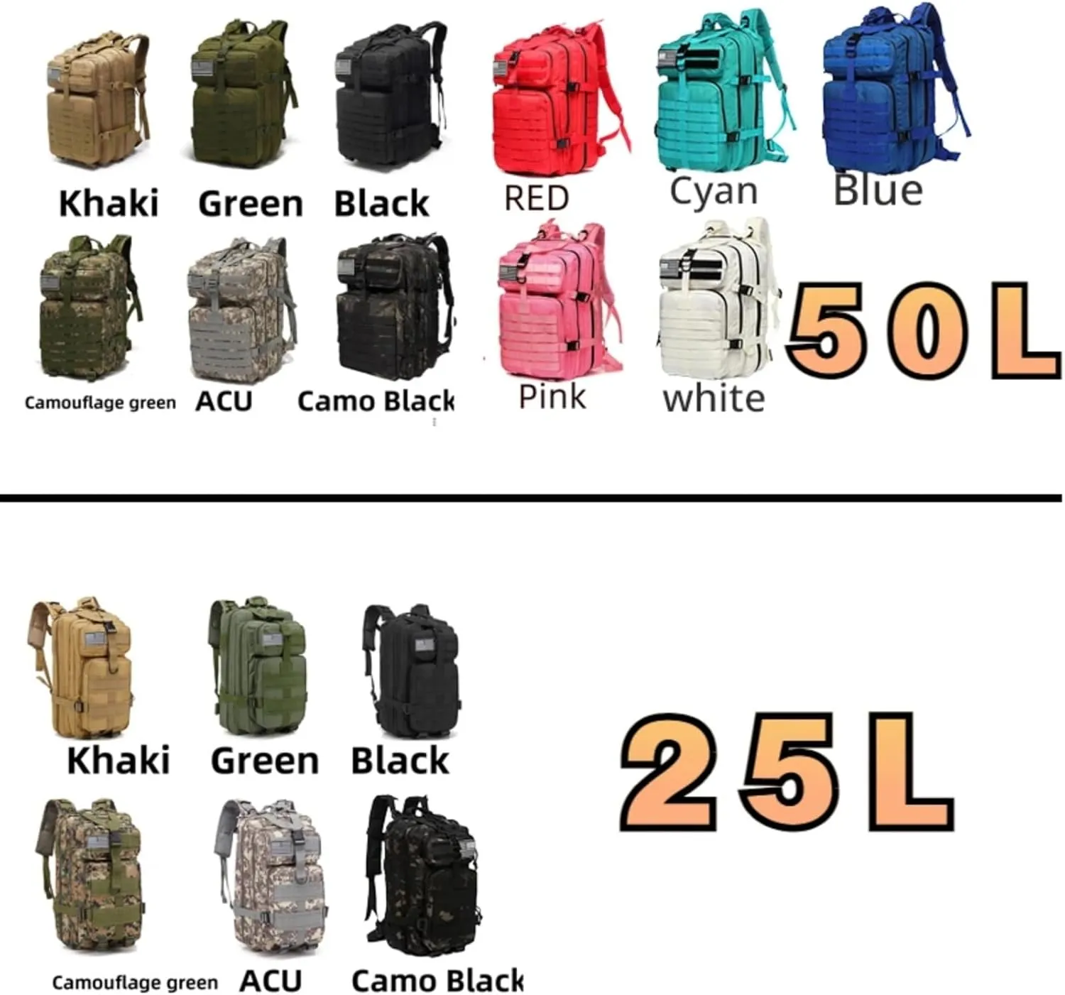 25L 50L Water-Resistant Nylon Backpack Outdoor Camping Hiking Trekking Durable Daypack Molle System (25L (ACU))