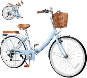 26Inch Foldable Beach Cruiser Bike for Women, Womens Folding Bike with Basket, 7 Speed Hybird Commute Bicycles with Cushion, V-Brakes, Quick Install for Adults, Womens (Blue)