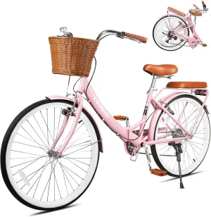 26Inch Foldable Beach Cruiser Bike for Women, Womens Folding Bike with Basket, 7 Speed Hybird Commute Bicycles with Cushion, V-Brakes, Quick Install for Adults, Womens