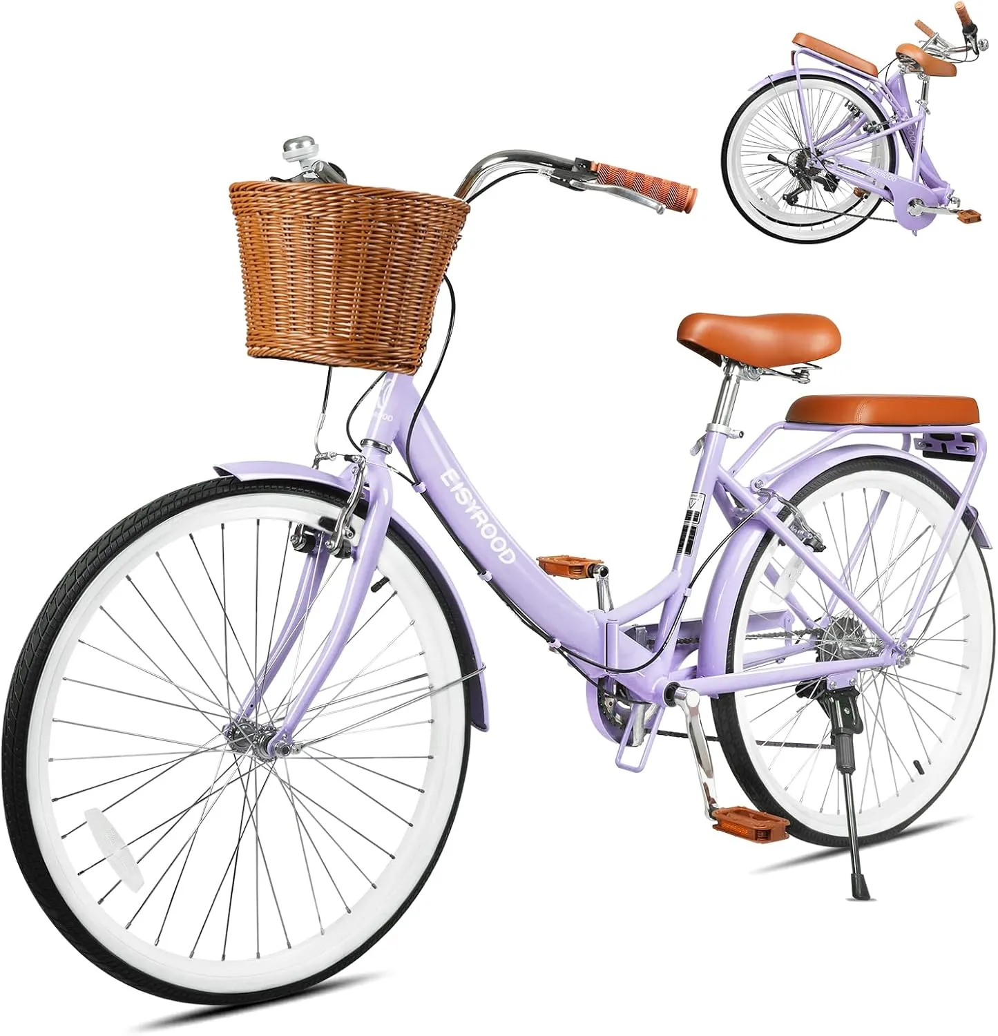 26Inch Foldable Beach Cruiser Bike for Women, Womens Folding Bike with Basket, 7 Speed Hybird Commute Bicycles with Cushion, V-Brakes, Quick Install for Adults, Womens