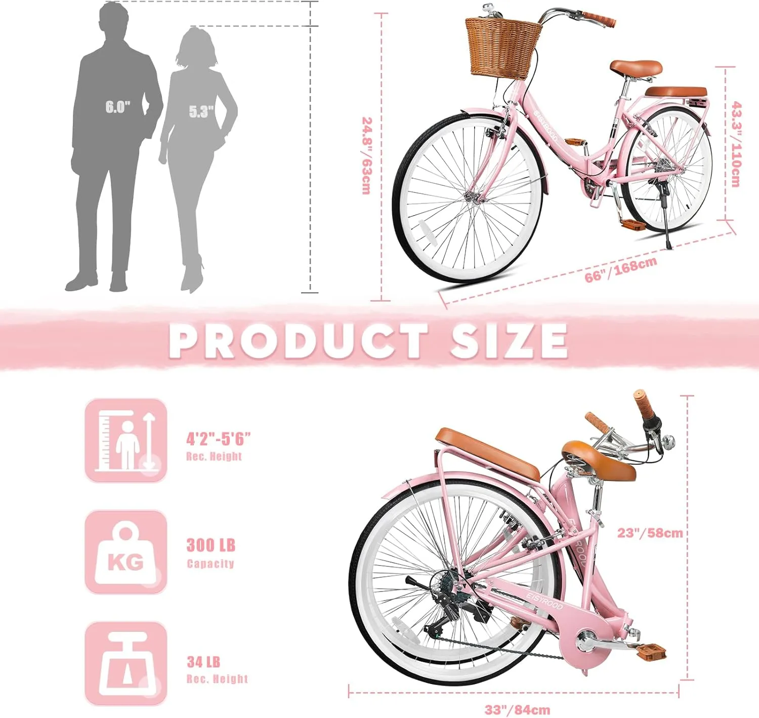 26Inch Foldable Beach Cruiser Bike for Women, Womens Folding Bike with Basket, 7 Speed Hybird Commute Bicycles with Cushion, V-Brakes, Quick Install for Adults, Womens