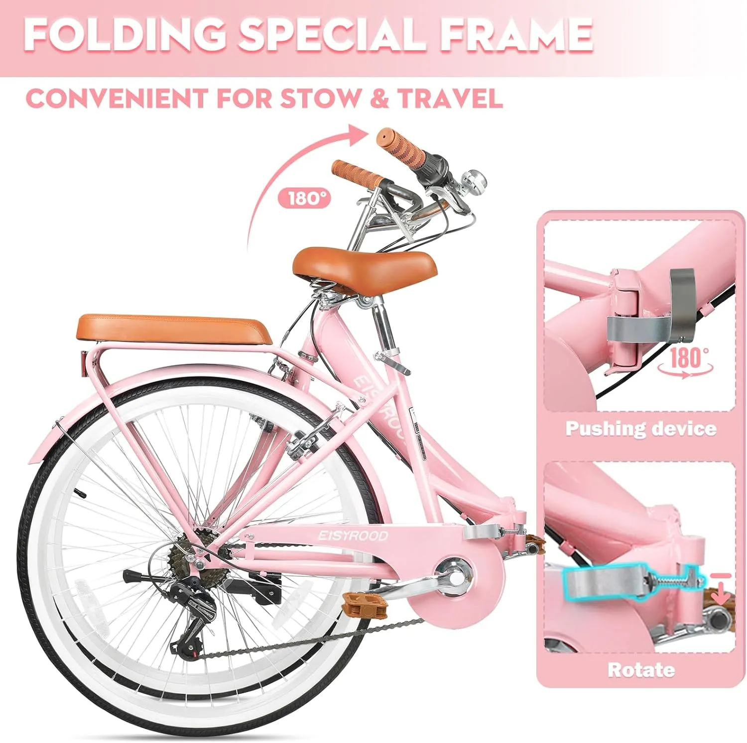 26Inch Foldable Beach Cruiser Bike for Women, Womens Folding Bike with Basket, 7 Speed Hybird Commute Bicycles with Cushion, V-Brakes, Quick Install for Adults, Womens