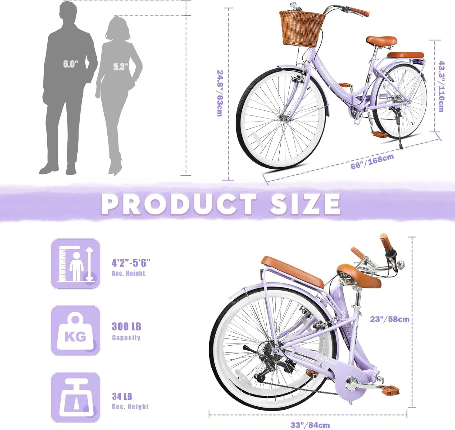 26Inch Foldable Beach Cruiser Bike for Women, Womens Folding Bike with Basket, 7 Speed Hybird Commute Bicycles with Cushion, V-Brakes, Quick Install for Adults, Womens