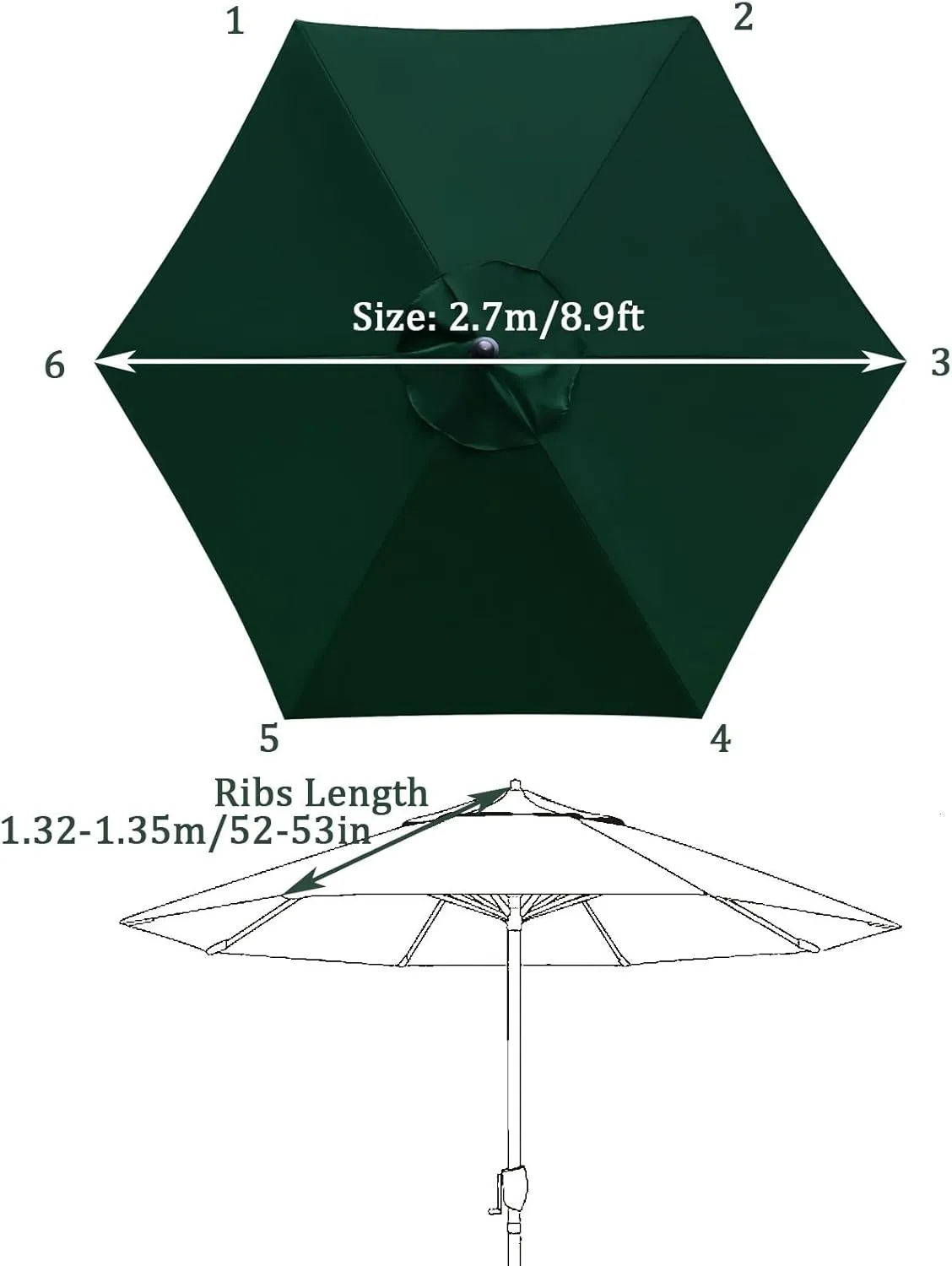 2.7m Sun Umbrella Replacement Cloth for 6 Ribs Replacement Parasol Fabric Canopy Cover for Market, Backyard, Garden, Deck, Pool, Patio(Dark Red)