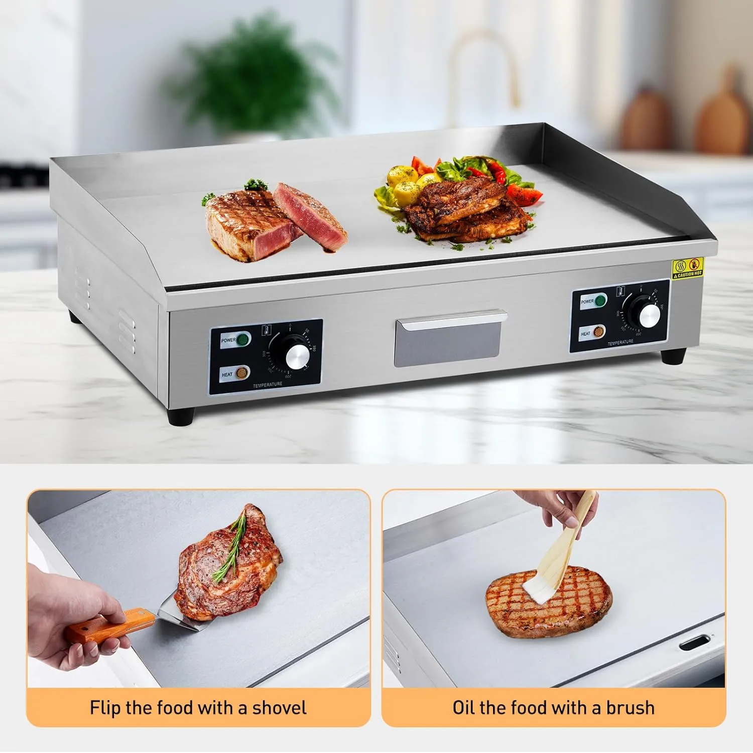 29 Inch Commercial Electric Griddle, Flat Top Grill Countertop Griddle, Non-Stick Stainless Steel Teppanyaki Grill, 3000W 110V, for Restaurant Kitchen Outdoor Bbq
