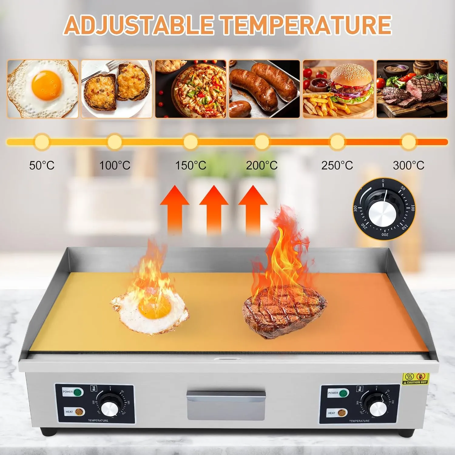 29 Inch Commercial Electric Griddle, Flat Top Grill Countertop Griddle, Non-Stick Stainless Steel Teppanyaki Grill, 3000W 110V, for Restaurant Kitchen Outdoor Bbq