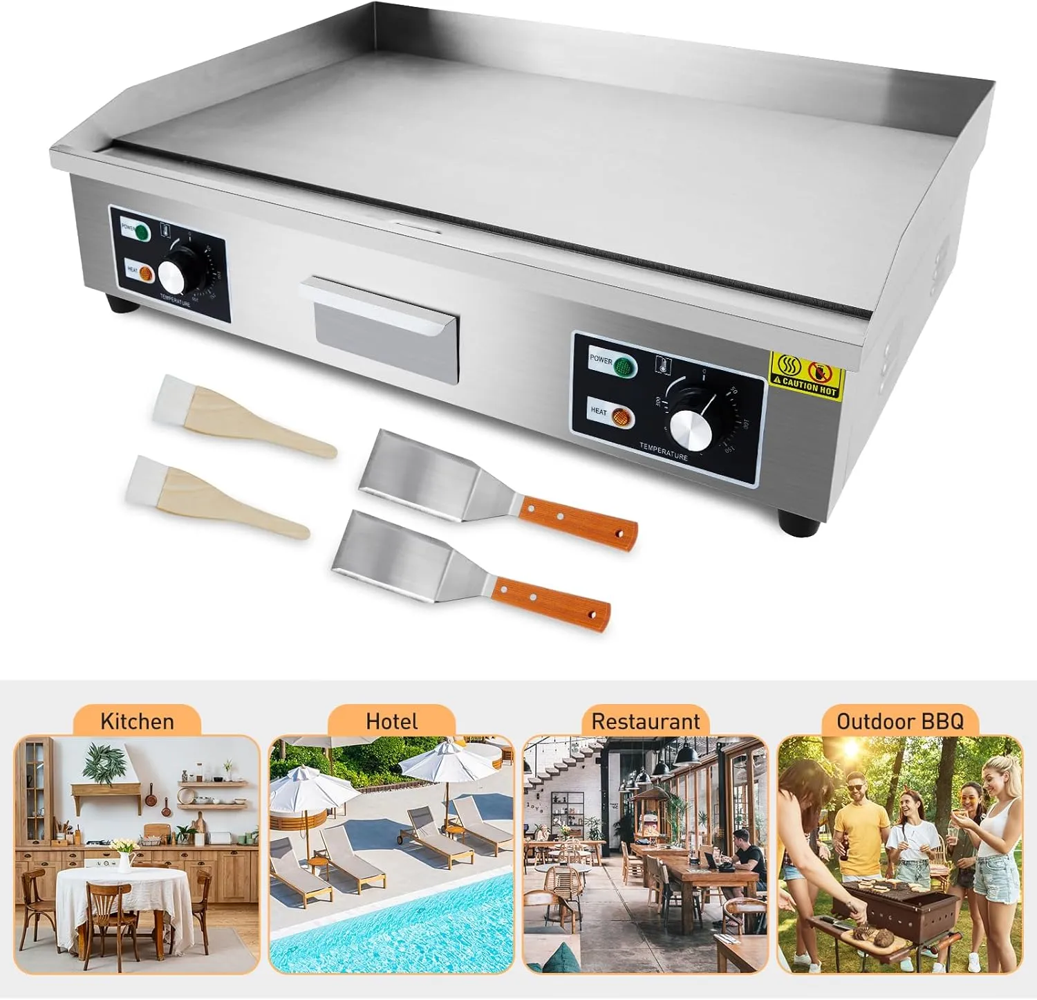 29 Inch Commercial Electric Griddle, Flat Top Grill Countertop Griddle, Non-Stick Stainless Steel Teppanyaki Grill, 3000W 110V, for Restaurant Kitchen Outdoor Bbq